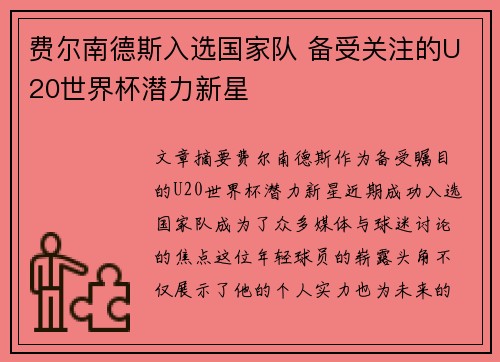 费尔南德斯入选国家队 备受关注的U20世界杯潜力新星