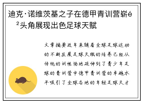迪克·诺维茨基之子在德甲青训营崭露头角展现出色足球天赋
