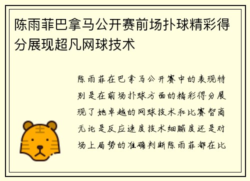陈雨菲巴拿马公开赛前场扑球精彩得分展现超凡网球技术 陈雨菲巴拿马公开赛前场扑球精彩得分展现超凡网球技术