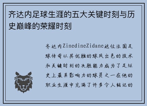 齐达内足球生涯的五大关键时刻与历史巅峰的荣耀时刻